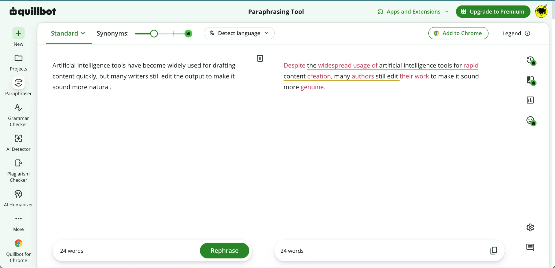 QuillBot paraphrasing tool showing an original sentence and its rewritten output side by side
