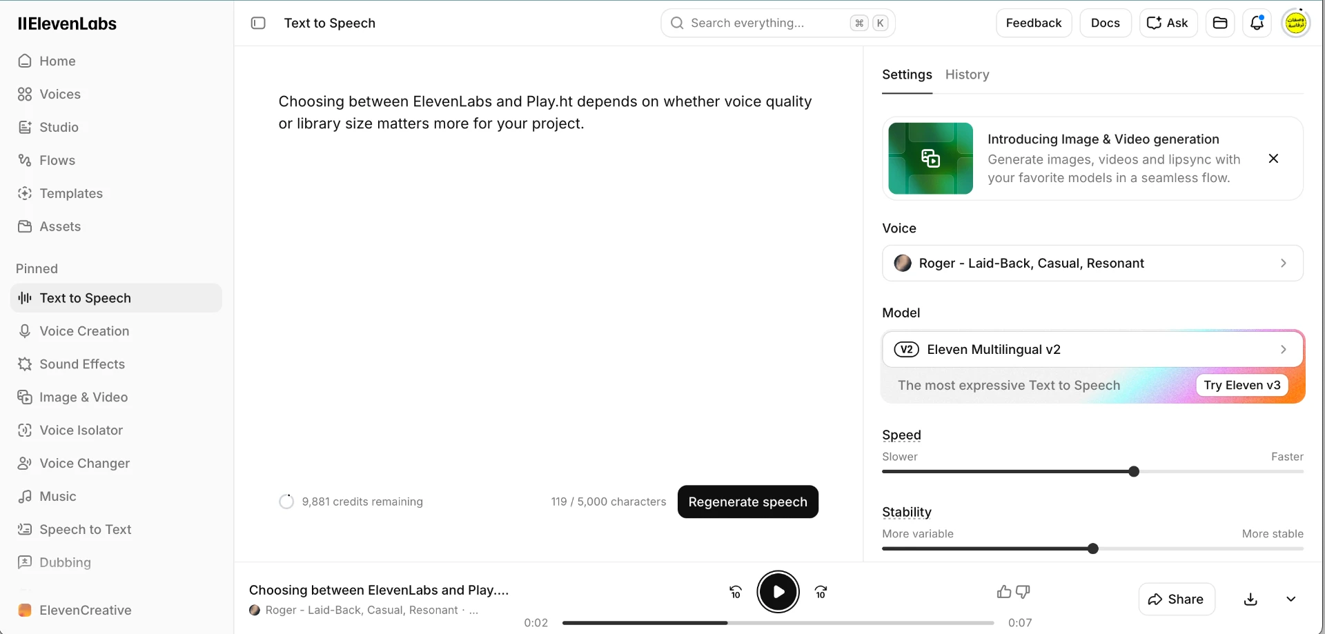 ElevenLabs Text to Speech with Roger selected, Eleven Multilingual v2, and an audio player